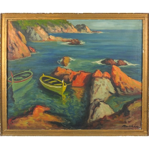 1008 - Rocky coastal scene with moored boats, oil on canvas, bearing a signature Rollon, framed, 72cm x 58c... 