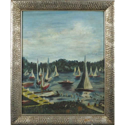 1175 - Sailor and boats on a lake, American impressionist style oil on board, bearing an indistinct signatu... 