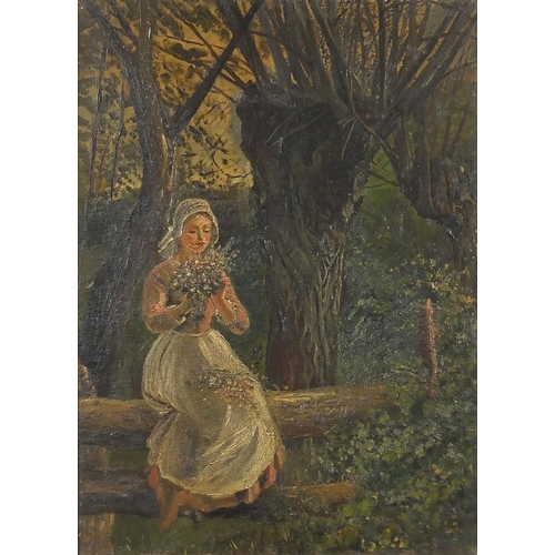 1106 - Girl in woodland collecting flowers, post impressionist oil on canvas, framed, 39cm x 28cm