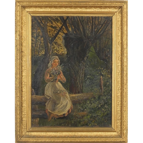 1106 - Girl in woodland collecting flowers, post impressionist oil on canvas, framed, 39cm x 28cm