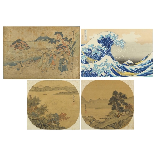 462 - Two Japanese woodblock prints, together with a pair of Oriental watercolours on silks, both with lan... 