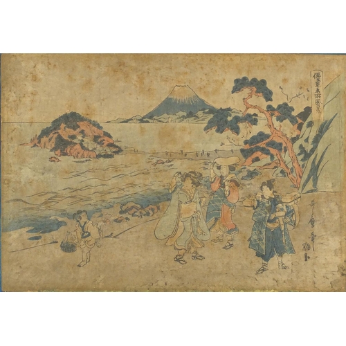 462 - Two Japanese woodblock prints, together with a pair of Oriental watercolours on silks, both with lan... 