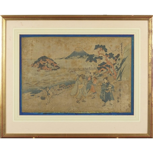 462 - Two Japanese woodblock prints, together with a pair of Oriental watercolours on silks, both with lan... 