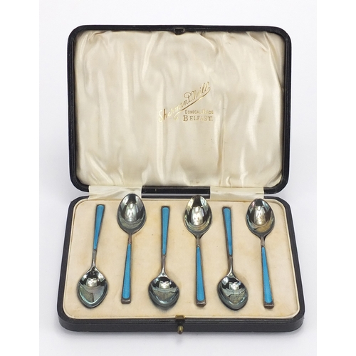 622 - Set of six silver and blue guilloche enamel teaspoons, retailed by Sharman D Neill, Birmingham 1899,... 