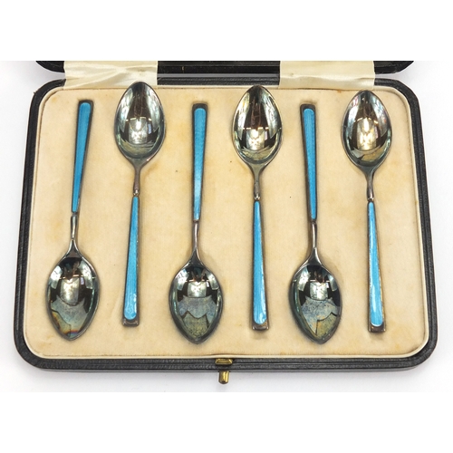 622 - Set of six silver and blue guilloche enamel teaspoons, retailed by Sharman D Neill, Birmingham 1899,... 