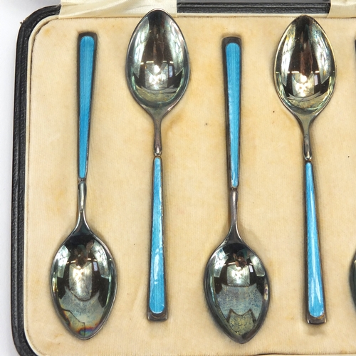 622 - Set of six silver and blue guilloche enamel teaspoons, retailed by Sharman D Neill, Birmingham 1899,... 