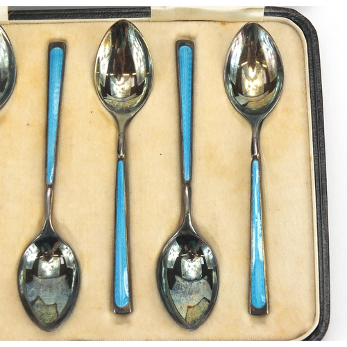 622 - Set of six silver and blue guilloche enamel teaspoons, retailed by Sharman D Neill, Birmingham 1899,... 