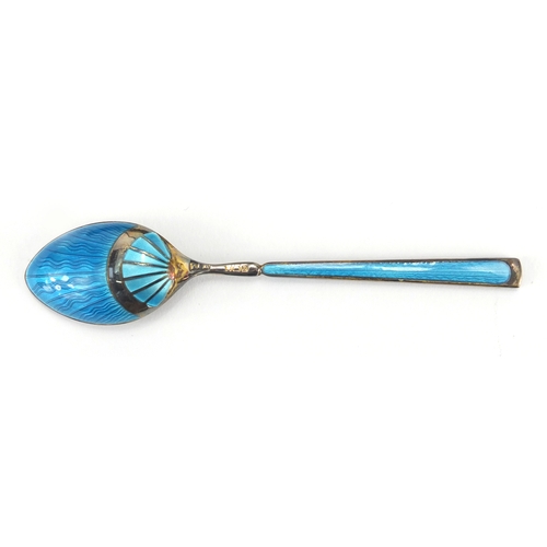 622 - Set of six silver and blue guilloche enamel teaspoons, retailed by Sharman D Neill, Birmingham 1899,... 