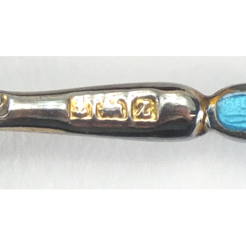 622 - Set of six silver and blue guilloche enamel teaspoons, retailed by Sharman D Neill, Birmingham 1899,... 