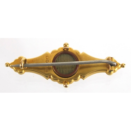 761 - Victorian 15ct gold mourning brooch set with three diamonds, 4cm in length, approximate weight 2.3g