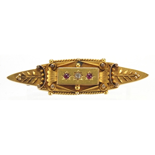 745 - Victorian 15ct gold mourning brooch set with a diamond and rubies, 5cm in length, approximate weight... 