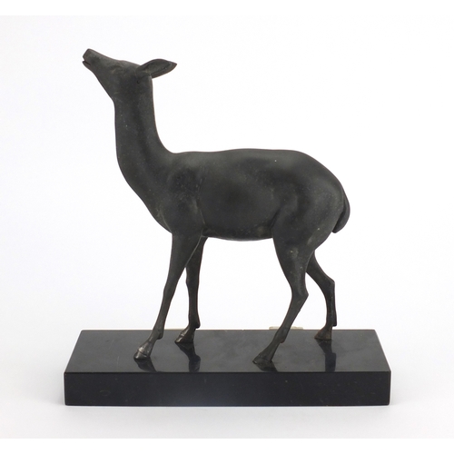 603 - Art Deco marble onyx sculpture mounted with a bronzed deer, 25cm wide