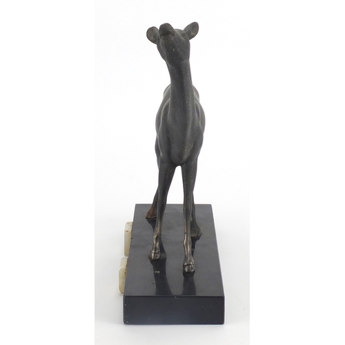 603 - Art Deco marble onyx sculpture mounted with a bronzed deer, 25cm wide