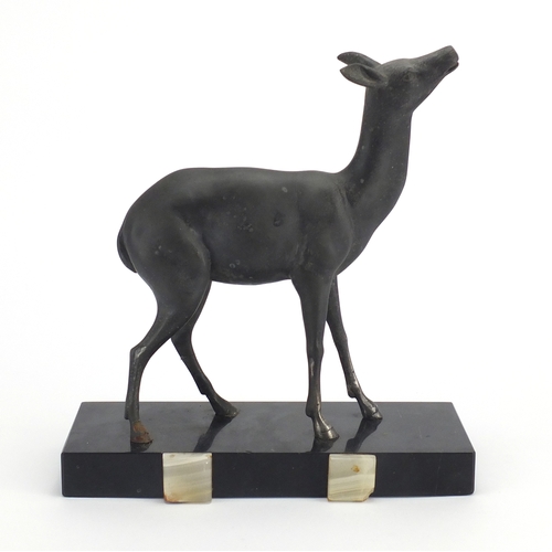 603 - Art Deco marble onyx sculpture mounted with a bronzed deer, 25cm wide