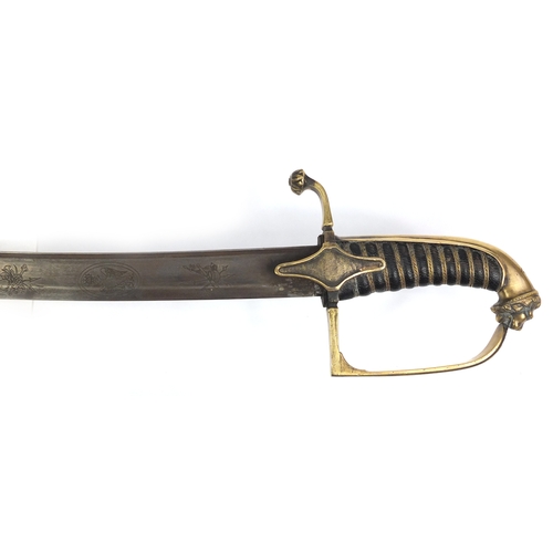 290 - WITHDRAWN - British Military interest sword with ornate scabbard, the steel blade with engraved moti... 