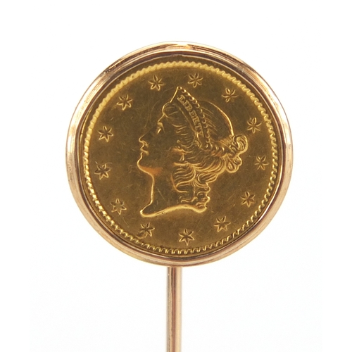 222 - United States of America 1852 gold one dollar housed in an unmarked gold stickpin, 7cm in length, ap... 