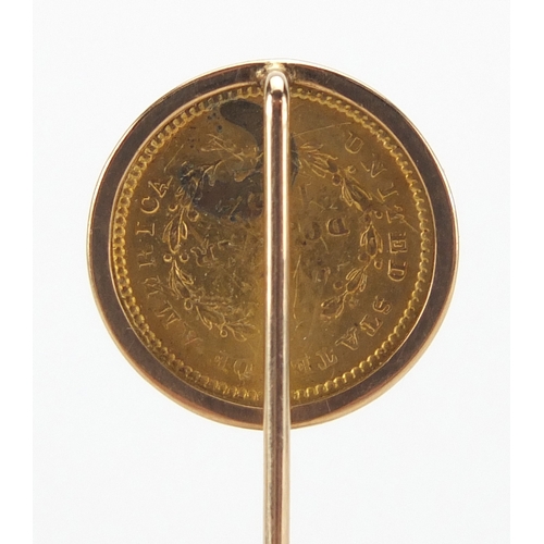 222 - United States of America 1852 gold one dollar housed in an unmarked gold stickpin, 7cm in length, ap... 