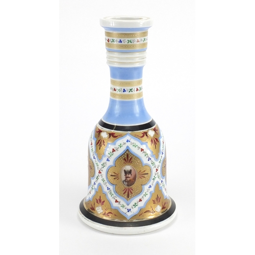 529 - 19th Century Persian porcelain hookah base, hand painted and gilded with portrait panels within flor... 