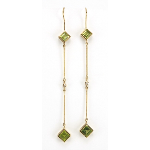 711 - Pair of Art Deco 9ct gold peridot and diamond drop earrings, 10cm in length, approximate weight 5.0g