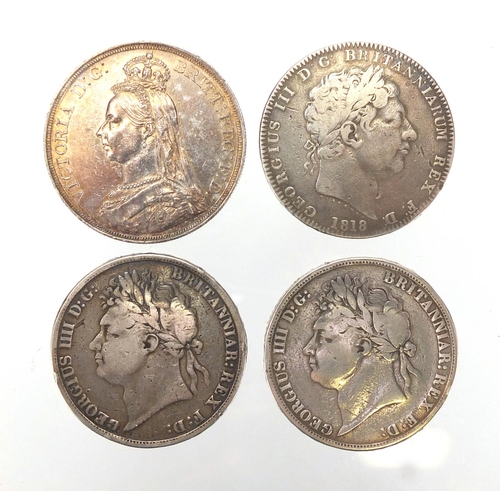 209 - Four George III and later silver crowns, 1818, 1821, 1822 and 1887, approximate weight 110.9g