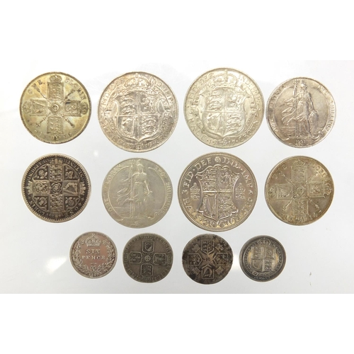 207 - George III and later British silver coinage including two 18th century six pence's, 1849 Gothic flor... 