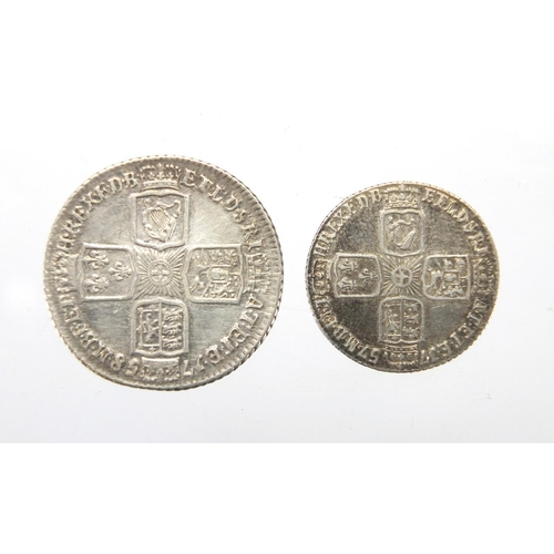 206 - Two George II silver coins comprising 1758 shilling and 1757 six pence, approximate weight 9.0g