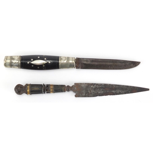 98 - Two antique hunting knives, one with horn handle and sheath, one with engraved steel blade, the larg... 