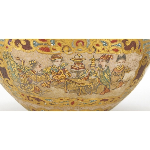 391 - Japanese Satsuma pottery teapot and bowl, each hand painted with panels of figures, the teapot with ... 