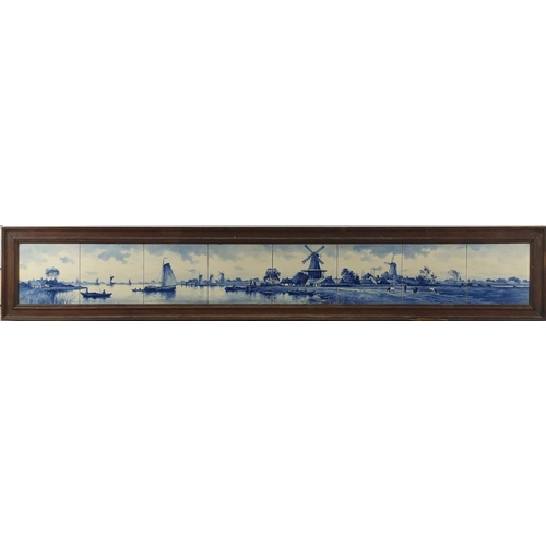 535 - Delft blue and white tile panel hand painted with Dutch panoramic landscape with windmills, cattle a... 