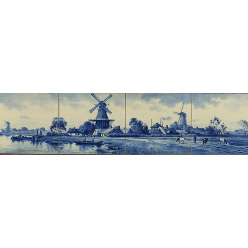 535 - Delft blue and white tile panel hand painted with Dutch panoramic landscape with windmills, cattle a... 