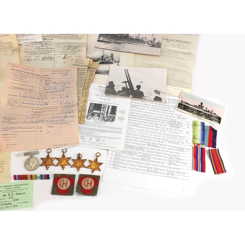 268 - British Military World War II Naval medal group, black and white photographs and related ephemera, r... 
