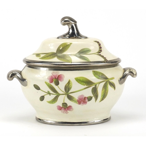 511 - Staffordshire Botanical Cream Ware sauce tureen and cover, hand painted with flowers, 15cm high