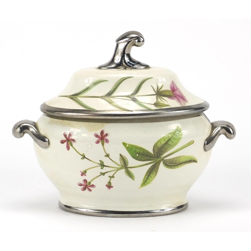 511 - Staffordshire Botanical Cream Ware sauce tureen and cover, hand painted with flowers, 15cm high