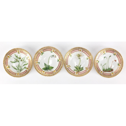 532 - Set of four late 19th century Royal Copenhagen floral danica style dishes, each hand painted with a ... 