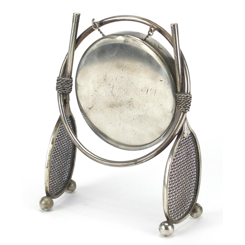 122 - Novelty tennis interest silver plated table gong, 19cm high