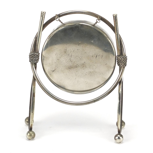 122 - Novelty tennis interest silver plated table gong, 19cm high