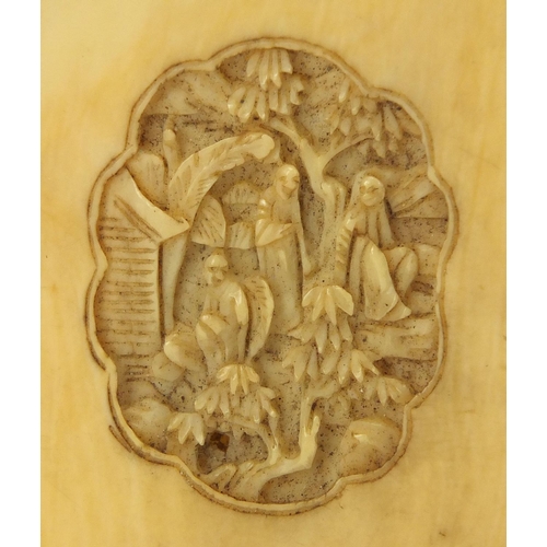 443 - Chinese rectangular Canton ivory card case, carved with panels of figures amongst pagodas, 8.5cm H x... 