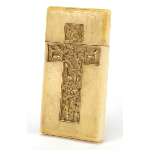 443 - Chinese rectangular Canton ivory card case, carved with panels of figures amongst pagodas, 8.5cm H x... 