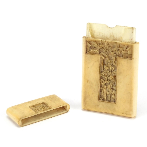 443 - Chinese rectangular Canton ivory card case, carved with panels of figures amongst pagodas, 8.5cm H x... 