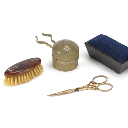 48 - Antique and later miscellaneous objects including a pair of gold coloured metal scissors, Frascati L... 