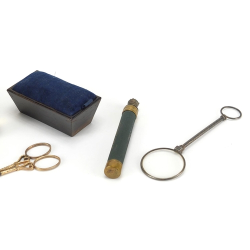 48 - Antique and later miscellaneous objects including a pair of gold coloured metal scissors, Frascati L... 