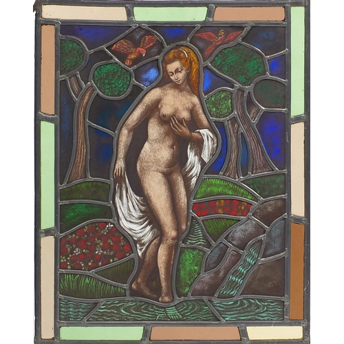 550 - Set of four late 19th/early 20th leaded stained glass windows, each hand painted in the Pre-Raphaeli... 