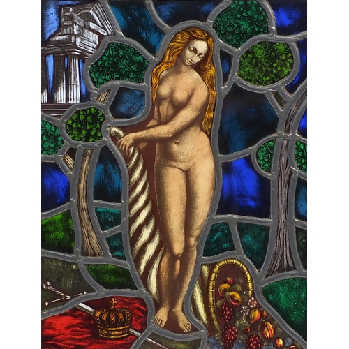 550 - Set of four late 19th/early 20th leaded stained glass windows, each hand painted in the Pre-Raphaeli... 