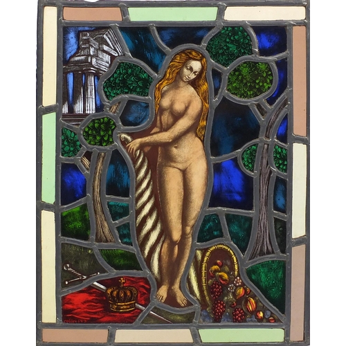 550 - Set of four late 19th/early 20th leaded stained glass windows, each hand painted in the Pre-Raphaeli... 