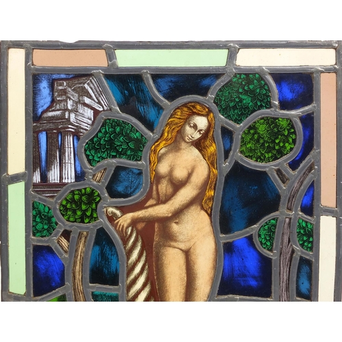 550 - Set of four late 19th/early 20th leaded stained glass windows, each hand painted in the Pre-Raphaeli... 