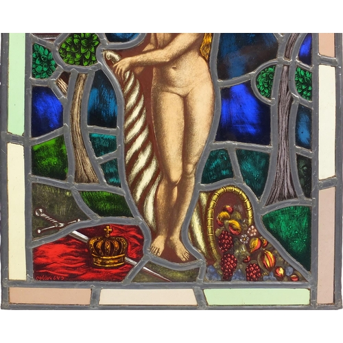 550 - Set of four late 19th/early 20th leaded stained glass windows, each hand painted in the Pre-Raphaeli... 