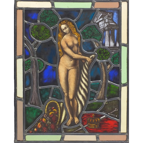 550 - Set of four late 19th/early 20th leaded stained glass windows, each hand painted in the Pre-Raphaeli... 