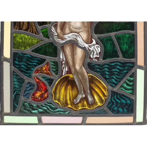 550 - Set of four late 19th/early 20th leaded stained glass windows, each hand painted in the Pre-Raphaeli... 