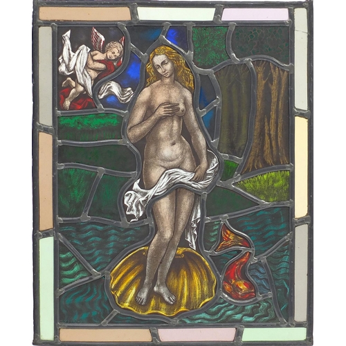 550 - Set of four late 19th/early 20th leaded stained glass windows, each hand painted in the Pre-Raphaeli... 