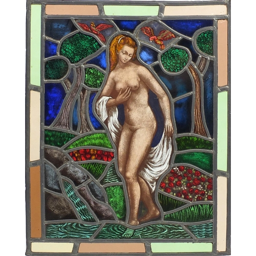 550 - Set of four late 19th/early 20th leaded stained glass windows, each hand painted in the Pre-Raphaeli... 